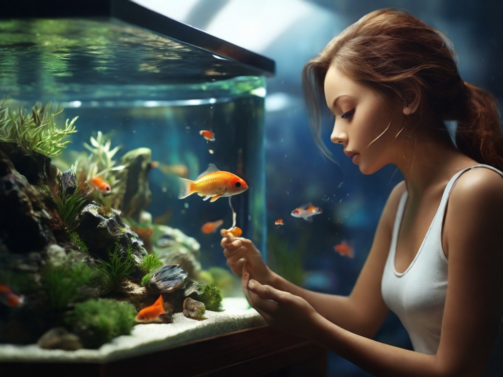 young woman feeding het aquarium fishes
