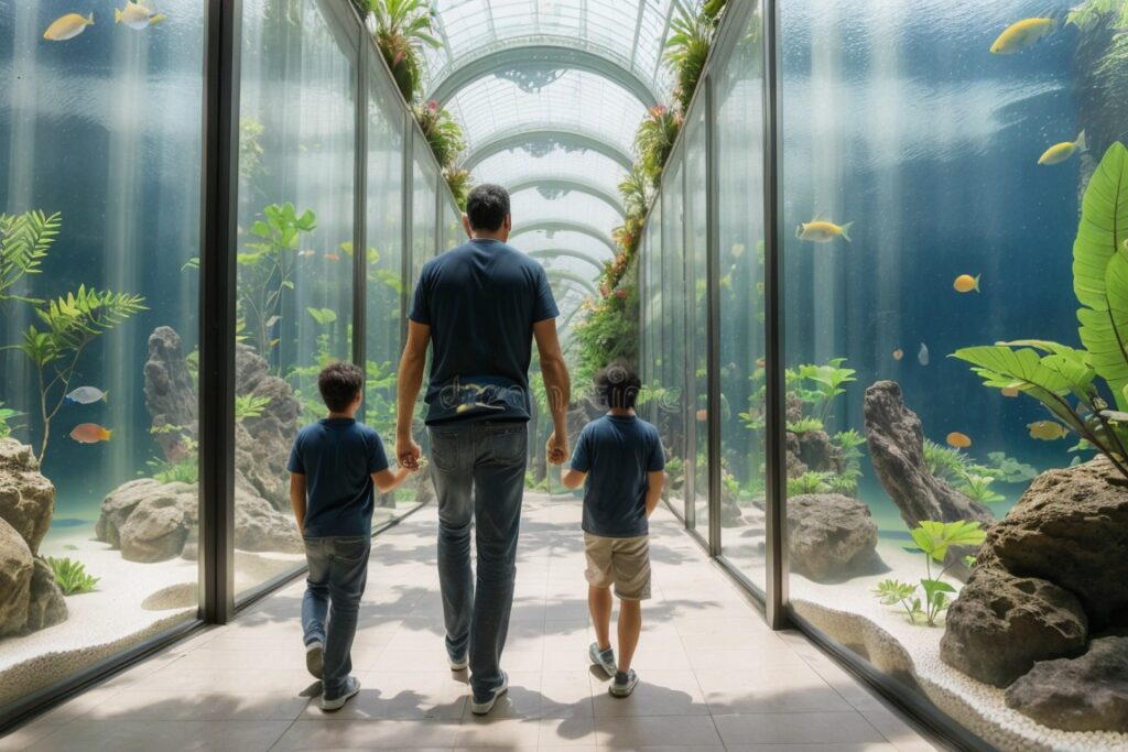 Père avec ses enfants visitant un aquarium